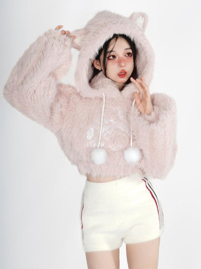 Fuzzy Kitten Cropped Hoodie