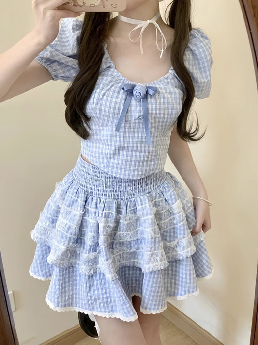 Blue Plaid Babydoll Outfit Set