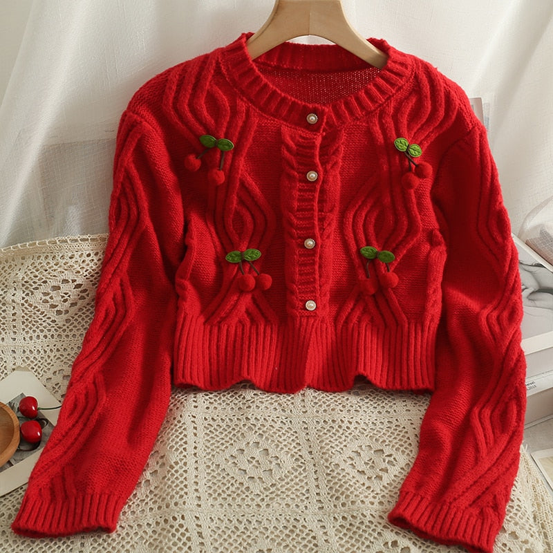 Cherry Knitted Cropped Cardigan