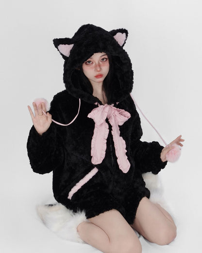 Fuzzy Neko Pompom Hooded Coat