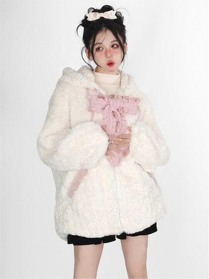 Fuzzy Neko Pompom Hooded Coat