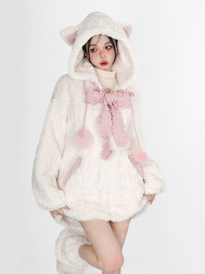 Fuzzy Neko Pompom Hooded Coat