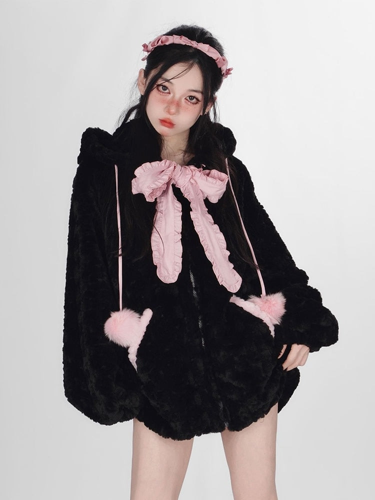 Fuzzy Neko Pompom Hooded Coat