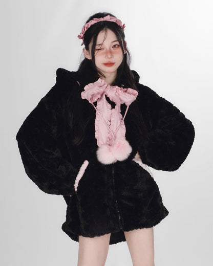 Fuzzy Neko Pompom Hooded Coat