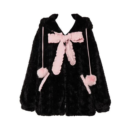 Fuzzy Neko Pompom Hooded Coat