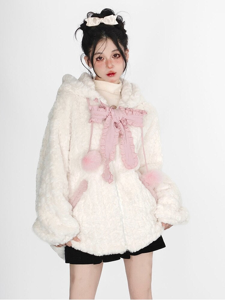 Fuzzy Neko Pompom Hooded Coat