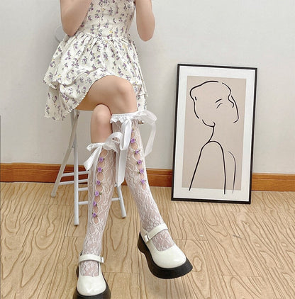 Lolita Lace Ribbon & Rosebud Stockings