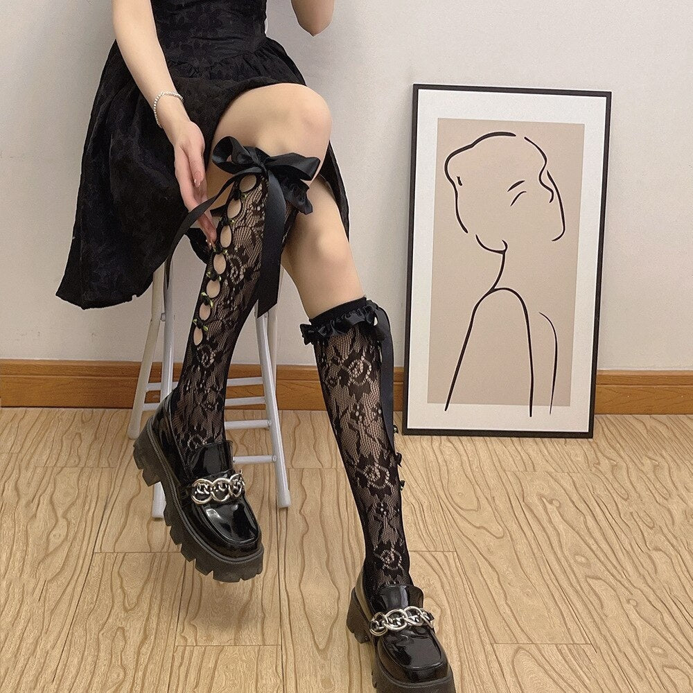 Lolita Lace Ribbon & Rosebud Stockings