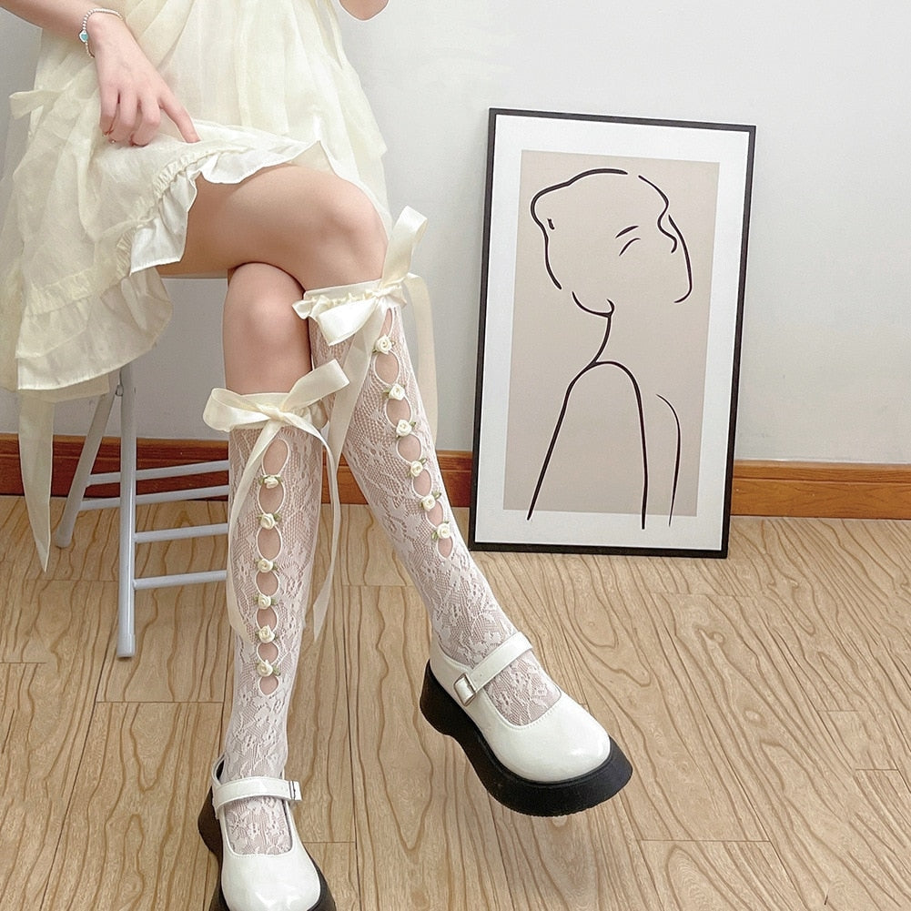 Lolita Lace Ribbon & Rosebud Stockings