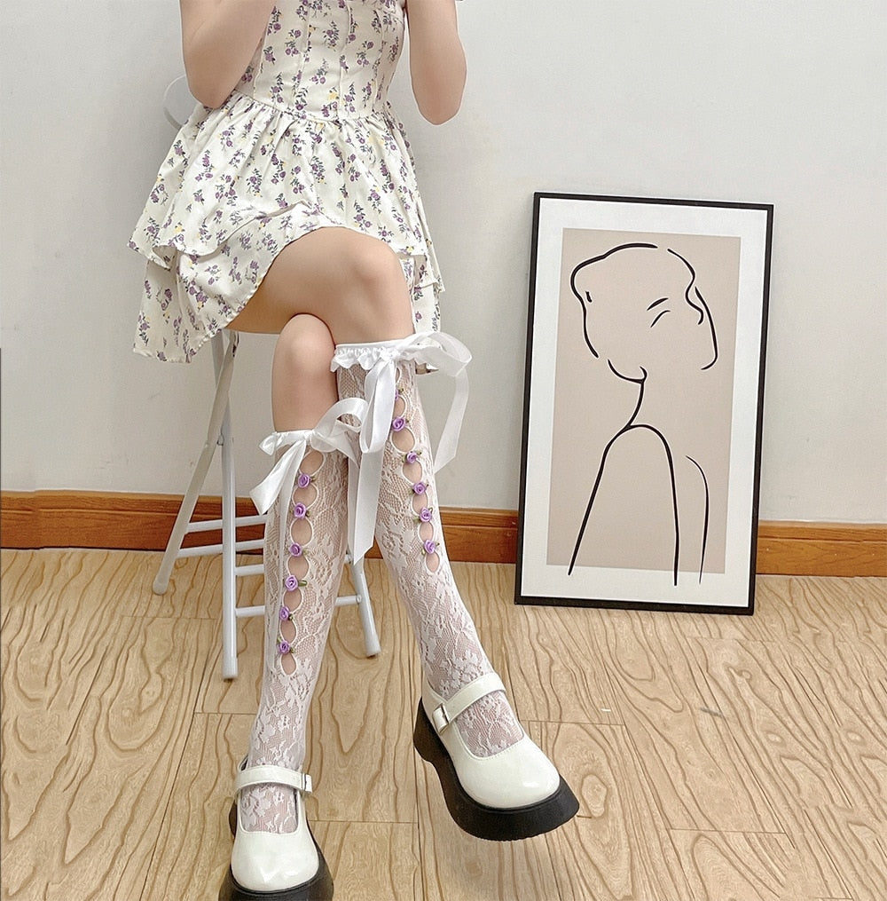 Lolita Lace Ribbon & Rosebud Stockings