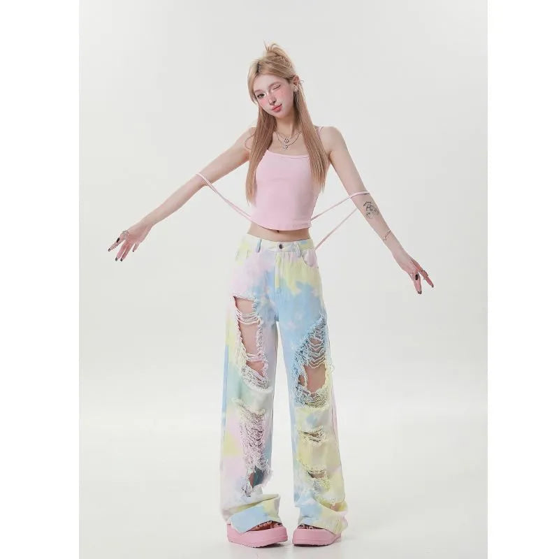 Pastel Tie Dye Distressed Oversized Jeans