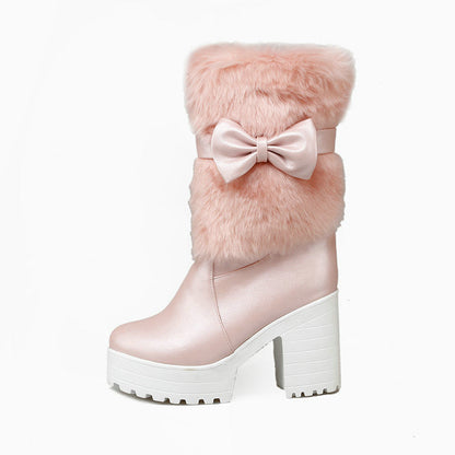 Furry Pink Bow Boots