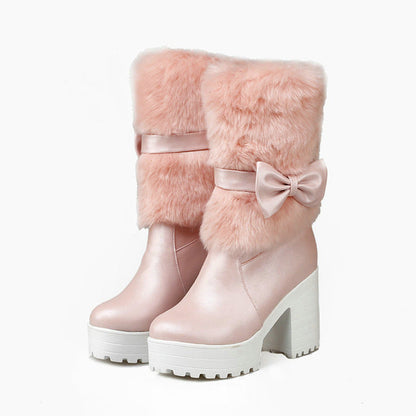 Furry Pink Bow Boots