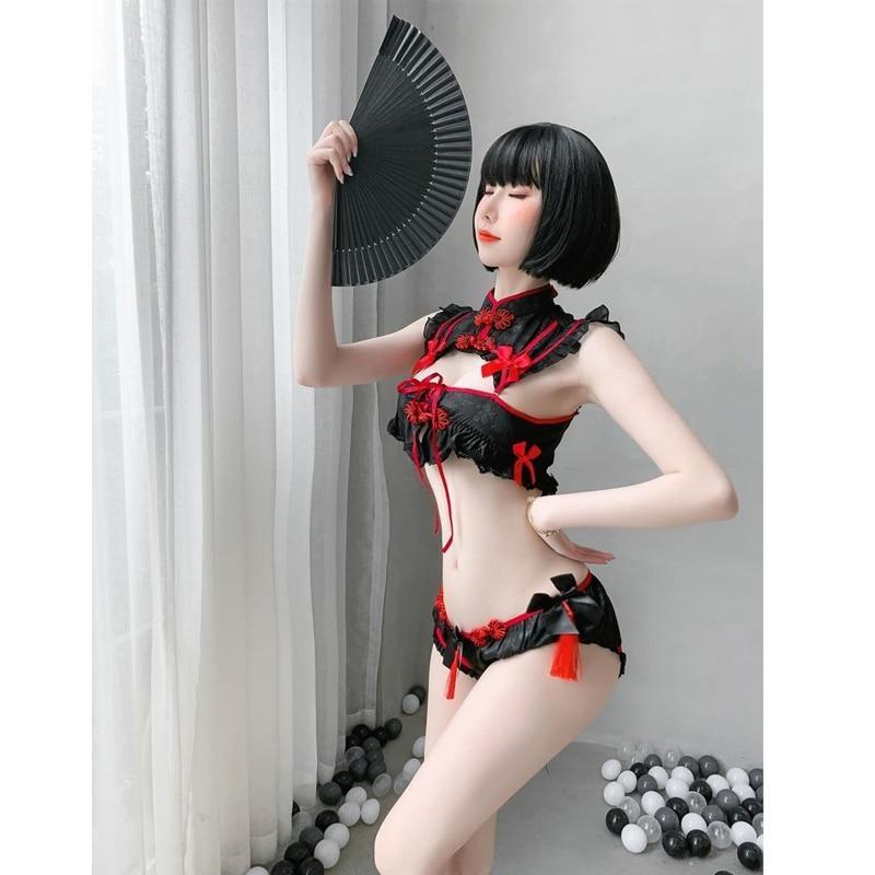 Red Black Cheongsam Lingerie Set