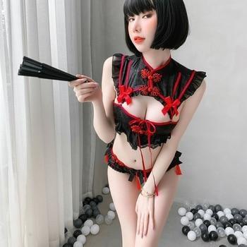 Red Black Cheongsam Lingerie Set