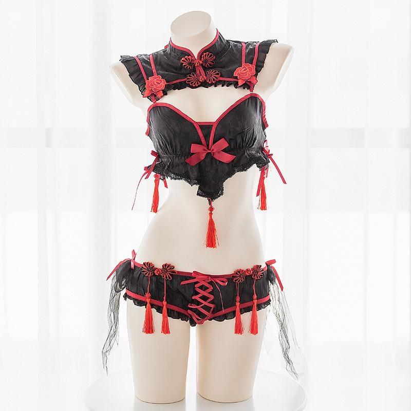 Red Black Cheongsam Lingerie Set