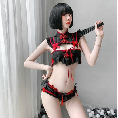 Red Black Cheongsam Lingerie Set