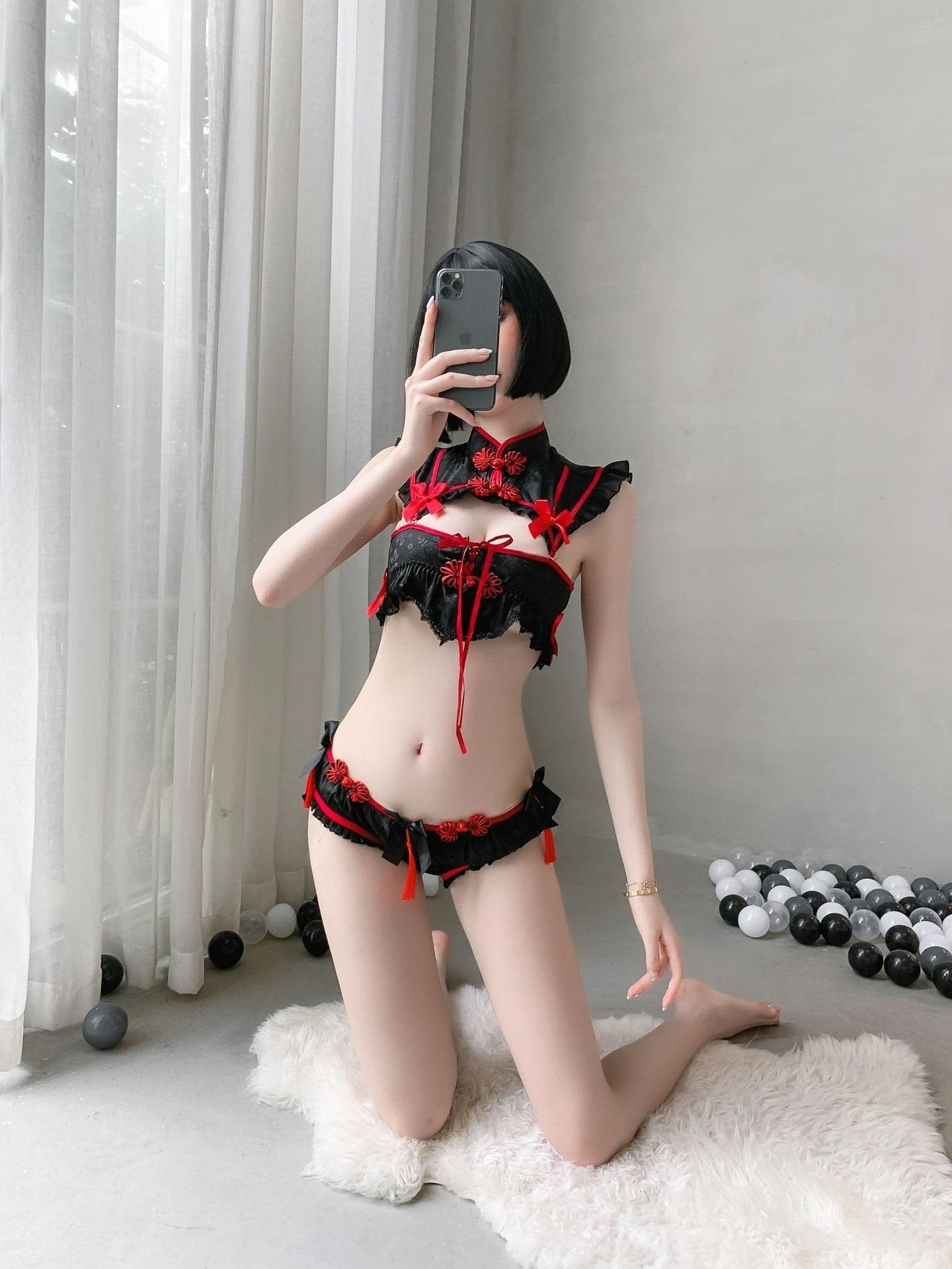 Red Black Cheongsam Lingerie Set