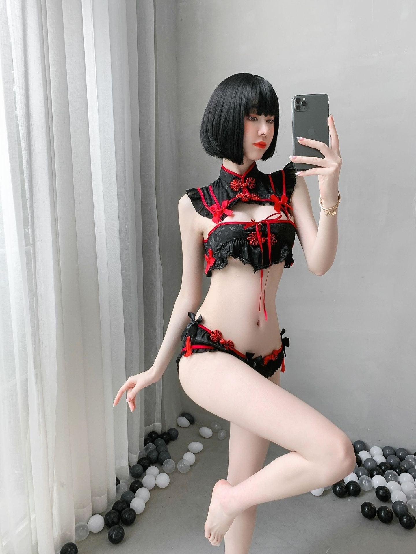 Red Black Cheongsam Lingerie Set