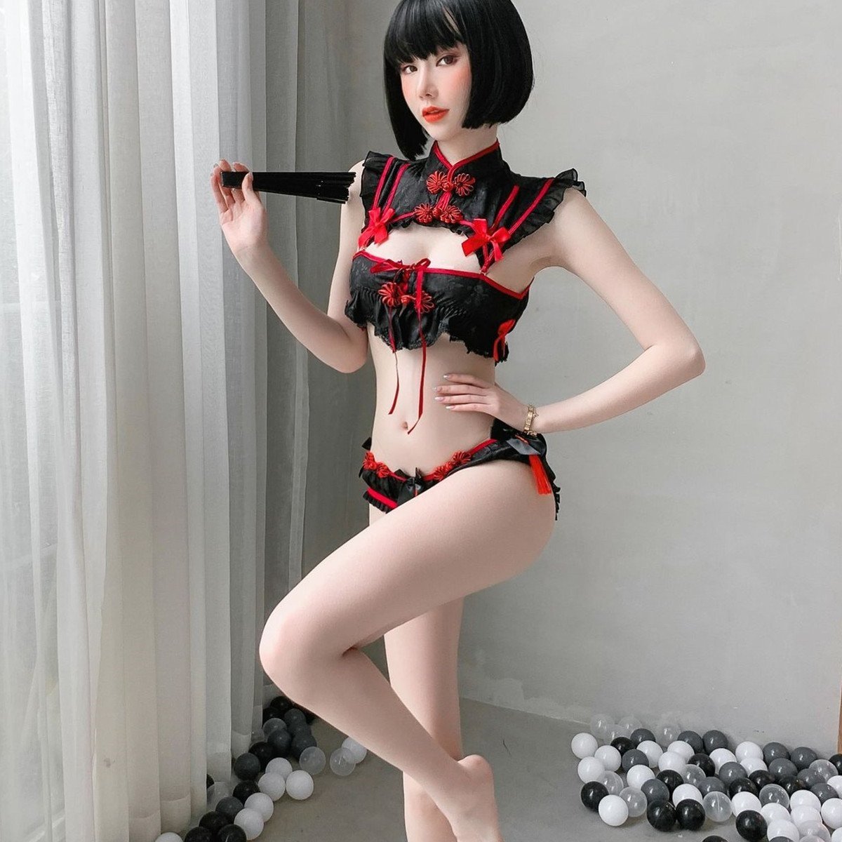 Red Black Cheongsam Lingerie Set