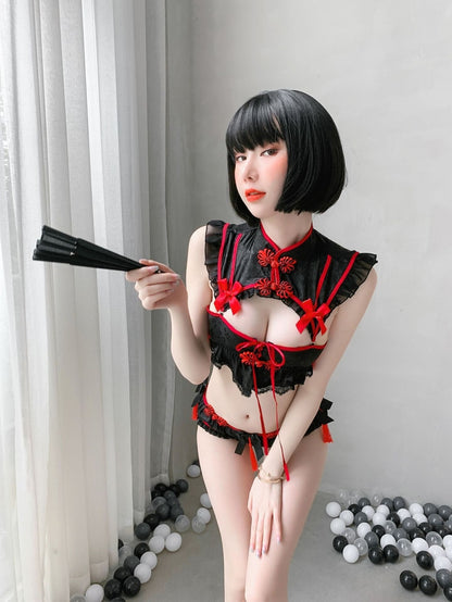 Red Black Cheongsam Lingerie Set