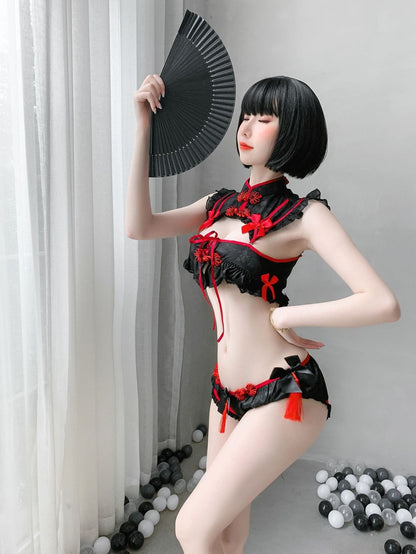 Red Black Cheongsam Lingerie Set