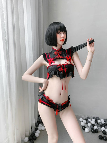 Red Black Cheongsam Lingerie Set